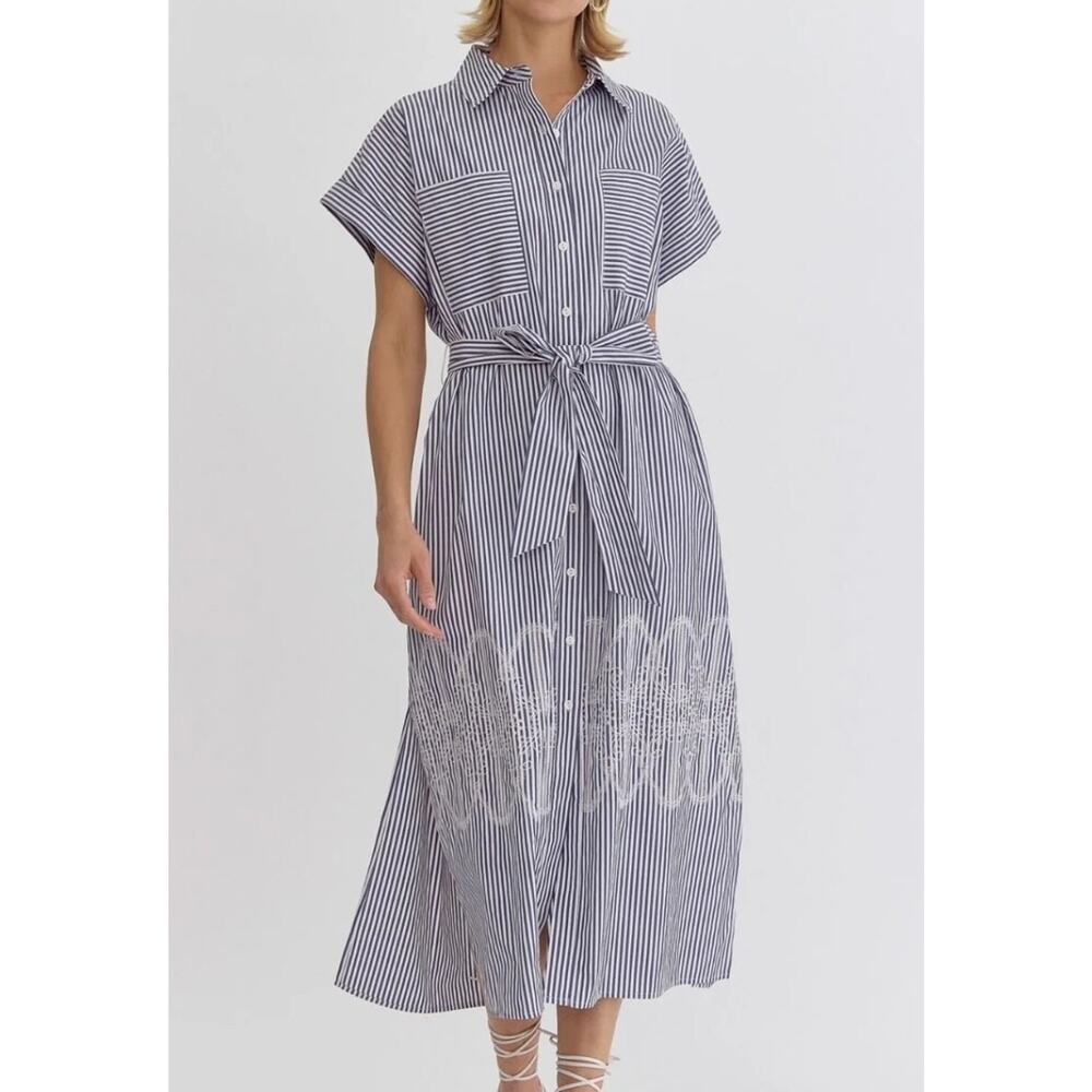 Entro womens Striped Midi shirt Dress Blue White striped embroidered Size Lg NEW